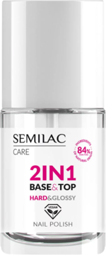 SEMILAC CARE 2IN1 Base & Top Hard&Glossy, wegański lakier do paznokci w przezroczystej butelce, widok z przodu.