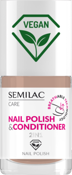 Semilac lakier z odżywką 2w1, ciepły beż, wegański. Oddychająca technologia, widok butelki z przodu.