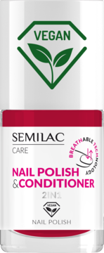 SEMILAC Care lakier 2w1 malinowy, biała butelka, wegański, z oddychającą formułą, widok przód.