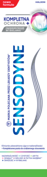 Sensodyne Kompletną Ochrona + Zaawansowane Wybielanie, biała tubka, niebieski napis, widok z przodu.