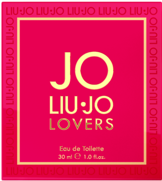Fuksjowe pudełko perfum Liu Jo Lovers Eau de Toilette ze złotymi napisami i ramką, widok z przodu.