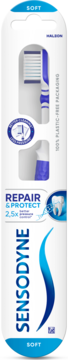 Sensodyne Repair & Protect Soft szczoteczka do zębów w biało-niebieskim, bezplastikowym opakowaniu z widoczną główką.