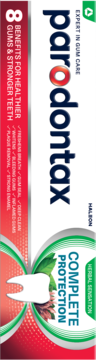 Pionowe opakowanie pasty Parodontax Complete Protection Herbal Sensation, z listą 8 korzyści.