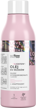 Różowy emolientowy olej Softflow do włosów wysokoporowatych, zapach arbuza, z napisem LOVE THE WAY YOU SHINE.