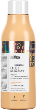 Solflow OOPS I DID IT FOR HAIR, emolientowy olej do włosów średnioporowatych, brzoskwiniowa butelka, widok z przodu.