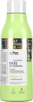 Solflow Emolientowy Olej do włosów, jasnozielona butelka z białym korkiem, do włosów niskoporowatych, mięta i aloes.
