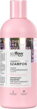 Różowy szampon so!flow Humectant do włosów wysokoporowatych, arbuzowy, butelka z różową nakrętką, widok z przodu.