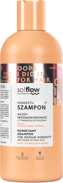 Brzoskwiniowa butelka humektantowego szamponu so!flow dla włosów średnioporowatych, widok z przodu, z zapachem mango.