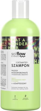 Szampon so!flow humektantowy do włosów niskoporowatych, z miętą i aloesem, zielona butelka, widok z przodu.
