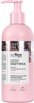 Różowa butelka so!flow emolientowo-proteinowej odżywki z pompką, do włosów wysokoporowatych, zapach arbuza.