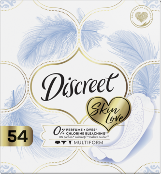 Biało-złote opakowanie wkładek Discreet Multiform, 54 szt., z piórami, 0% perfum i barwników.