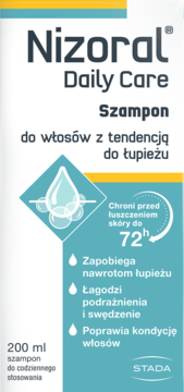 Biała butelka szamponu Nizoral Daily Care, widok z przodu, do włosów z tendencją do łupieżu.