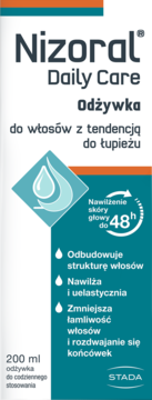 Nizoral Daily Care odżywka przeciwłupieżowa 200 ml, biała butelka z tealowymi akcentami, widok z przodu.