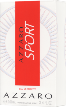 Białe pudełko Azzaro Sport EDT z czerwonym pionowym pasem z napisem Azzaro Sport, widok z przodu.