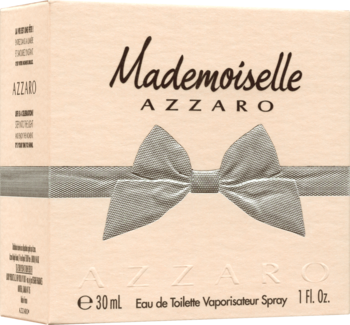 Jasnoróżowe pudełko Azzaro Mademoiselle woda toaletowa, z ozdobną szarą wstążką i kokardą, widok z przodu.