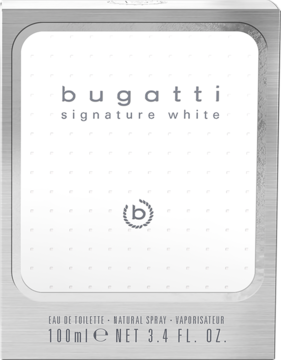 Biało-srebrne pudełko perfum Bugatti Signature White, woda toaletowa 100ml, z czarnym logo i tekstem, widok z przodu.