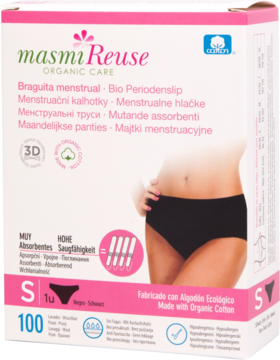 Białe opakowanie majtek menstruacyjnych Masmi Reuse, rozmiar S, widok z przodu, 4 kreski chłonności.
