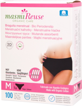 Opakowanie Masmi Reuse, czarne menstruacyjne majtki M z bawełny organicznej, wysokiej chłonności, widok z przodu.
