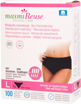 Białe opakowanie majtek menstruacyjnych Masmi Reuse Organic Care L, z czarnymi majtkami i informacją o 100 cyklach.