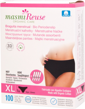 Masmi Reuse XL czarne majtki menstruacyjne w białym pudełku z różowym logo, widok z przodu.