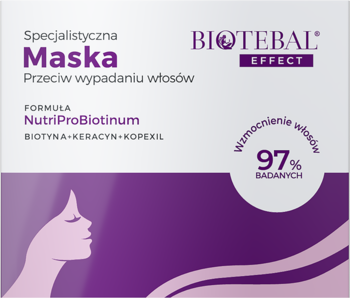Biotebal Effect maska przeciw wypadaniu włosów, biało-fioletowe pudełko z logo i informacją o 97% wzmocnieniu.