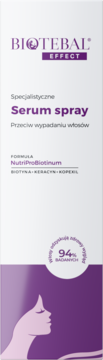 Biało-fioletowy serum spray Biotebal Effect na wypadanie włosów, front opakowania.