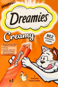 Pomarańczowe opakowanie Dreamies Creamy, przysmaki dla kota, z kreskówkowym kotem i tubką kurczaka, x4.