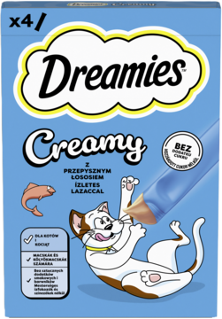 Niebieskie opakowanie Dreamies Creamy z łososiem, przysmaki dla kota (x4 tubki), bez cukru, widok z przodu.