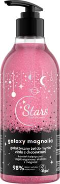 Różowy galaktyczny żel Stars Galaxy Magnolia w butelce z pompką, z błyszczącymi drobinkami, widok z przodu.