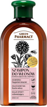 Green Pharmacy szampon do włosów przetłuszczających się, 350ml, brązowa butelka, zielona nakrętka, botaniczna etykieta.