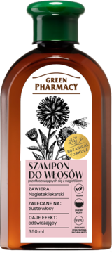 Green Pharmacy szampon do włosów przetłuszczających się, 350ml, brązowa butelka, zielona nakrętka, botaniczna etykieta.