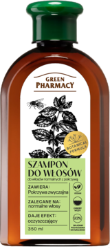 Brązowa butelka szamponu Green Pharmacy z zieloną nakrętką, do włosów normalnych z pokrzywą, 350ml, widok z przodu.