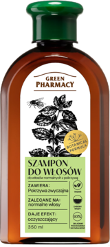 Brązowa butelka szamponu Green Pharmacy z zieloną nakrętką, do włosów normalnych z pokrzywą, 350ml, widok z przodu.