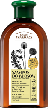 Brązowa butelka szamponu Green Pharmacy z wyciągiem z mniszka lekarskiego, widok z przodu.