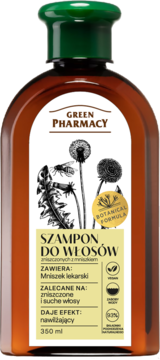 Brązowa butelka szamponu Green Pharmacy z wyciągiem z mniszka lekarskiego, widok z przodu.