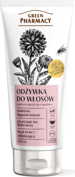 Green Pharmacy odżywka do włosów przetłuszczających się z nagietkiem, biała tubka, różowa etykieta, 200 ml.