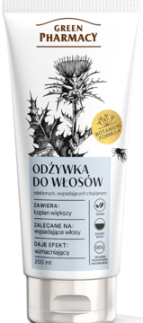 Biała tubka odżywki Green Pharmacy do włosów wypadających z łopianem, widok z przodu. Zawiera 200 ml.