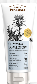 Biała tubka odżywki Green Pharmacy do włosów wypadających z łopianem, widok z przodu. Zawiera 200 ml.