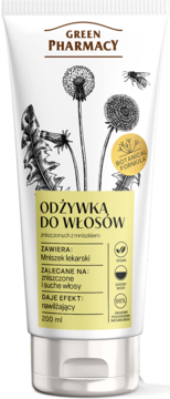 Biała tubka odżywki Green Pharmacy z mniszkiem lekarskim, widok z przodu, do włosów suchych.