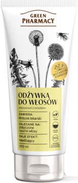 Biała tubka odżywki Green Pharmacy z mniszkiem lekarskim, widok z przodu, do włosów suchych.