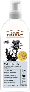 Green Pharmacy wcierka stymulująca wzrost włosów z łopianem, biała butelka z pompką, widok z przodu.