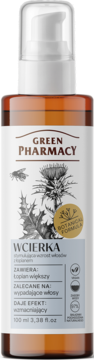 Green Pharmacy wcierka stymulująca wzrost włosów 100ml, w brązowej butelce z pompką, widok z przodu.