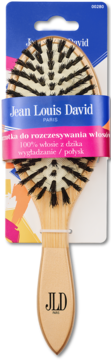 Drewniana szczotka do rozczesywania włosów Jean Louis David z włosiem dzika, na opakowaniu.