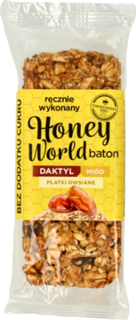 Honey World baton daktyl miód z płatkami owsianymi, bez dodatku cukru, w żółtym opakowaniu, widok z przodu.