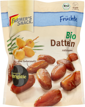 Widok z przodu beżowej torebki Farmer's Snack Bio Daktyle, suszone i miękkie, bez cukru, na białym tle.