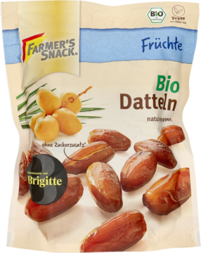 Widok z przodu beżowej torebki Farmer's Snack Bio Daktyle, suszone i miękkie, bez cukru, na białym tle.