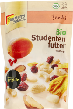 Ekologiczna mieszanka studencka Farmer's Snack z mango, orzechami i żurawiną, widok z przodu opakowania.