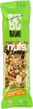 Zielony baton BE RAW! NUTS & HONEY z pistacjami i migdałami, widok z przodu, przezroczyste okienko.