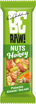 Zielony baton BE RAW! NUTS & Honey z obrazem pistacji, migdałów i soli morskiej, widok z przodu.