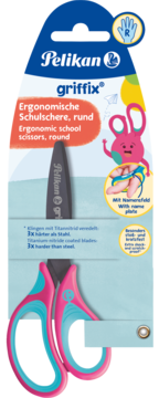 Pelikan Griffix ergonomic school scissors, pink and blue, round tip, displayed in front packaging.